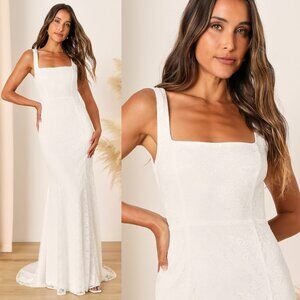 NWOT Lulus Eternal Happiness White Lace Square Neck Mermaid Maxi Dress